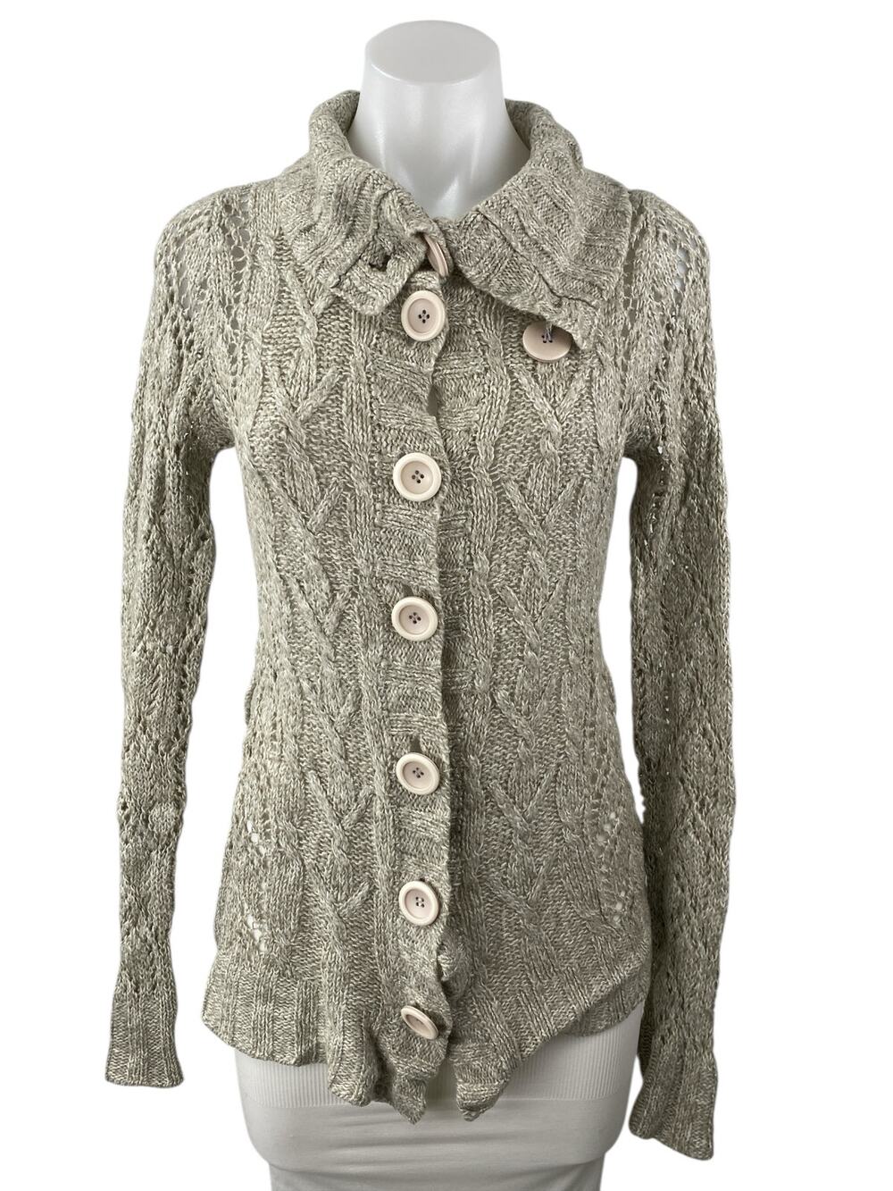 Forever Beige Cable Knit Collared Long Sleeve Button Down Jacket Sweater Top S